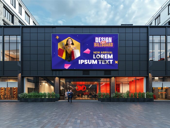 Image of a large billboard in a shopping mall showing a young woman making a purchase. The text on the billboard is an example of 'Lorem Ipsum' used for the billboard design.