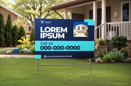 A logo displayed on a billboard in the garden of a house for sale, featuring a sleek design and ensuring high visibility to attract prospective buyers.